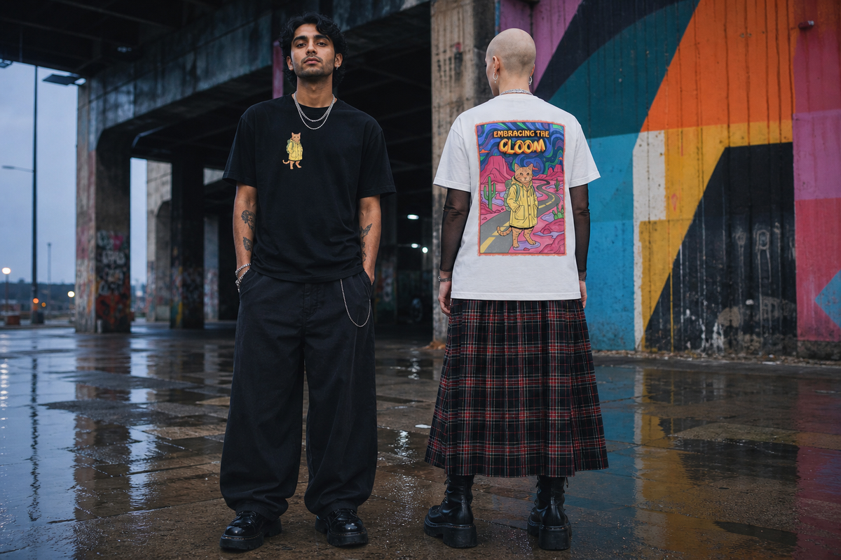 Two models standing in a wet urban alley under a concrete bridge, showcasing streetwear apparel. The model on the left wears a black t-shirt with a small yellow graphic and black pants.