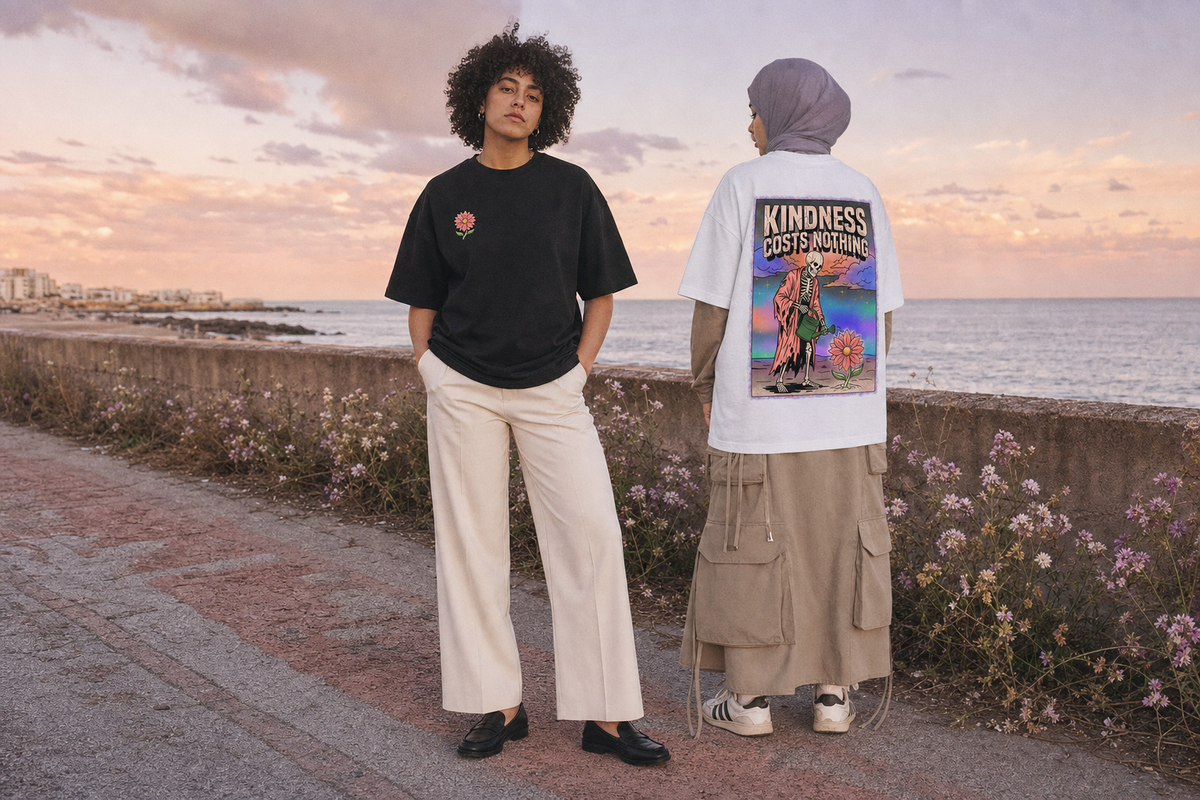 Two models standing outdoors by the sea at sunset, showcasing oversized graphic t-shirts. The model on the left wears a black crewneck t-shirt with a small red rose graphic on the chest and cream wide-leg trousers.