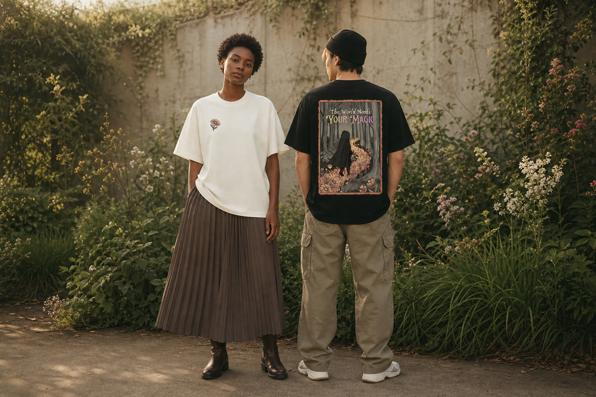 Two models standing outdoors in a garden setting, showcasing a black graphic t-shirt from the front and back. The model on the left wears a white t-shirt and pleated brown skirt, while the model on the right wears the black t-shirt with a large back graphic of a figure on a path in a forest, paired with khaki cargo pants and white sneakers.